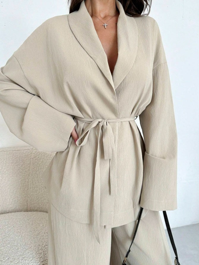 Conjunto de Dos Piezas: Chaqueta Cruzada con Cinturón y Pantalones de Pierna Ancha