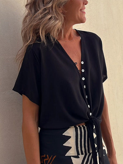 Top casual con cuello en V de gasa de seda helada