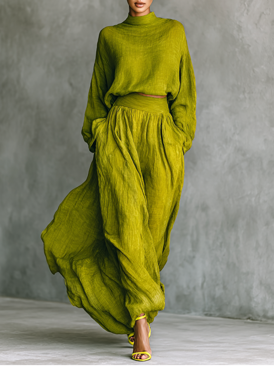 Conjunto de top de cuello alto verde para mujer y falda larga