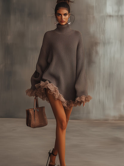 Vestido suéter marrón con cuello alto y dobladillo con volantes