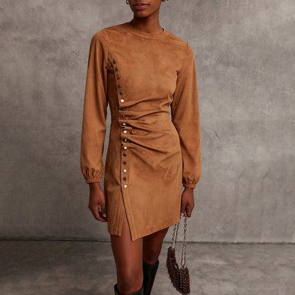 Vestido de ante nuevo de otoño e invierno estilo retro occidental para mujer