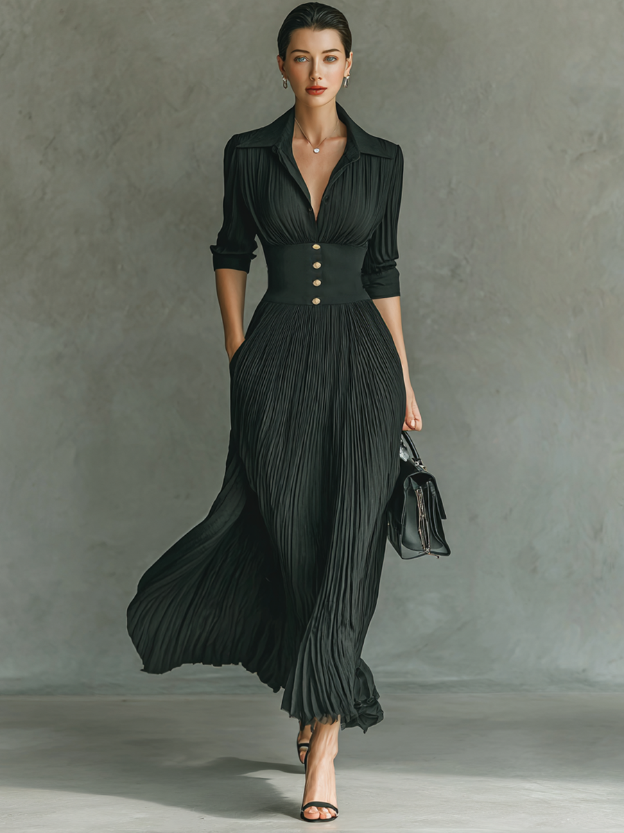 Vestido maxi de manga larga con cintura, solapa plisada y color sólido