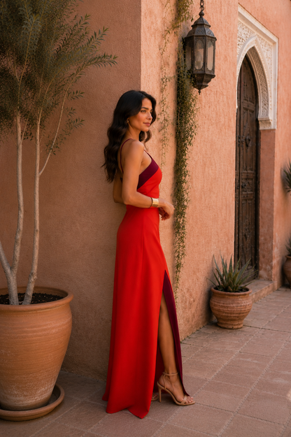 Vestido largo halter con abertura elegante