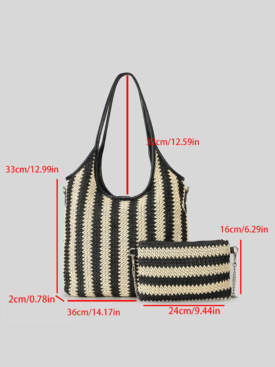 Bolso de hombro vintage de paja con rayas en contraste para mujer