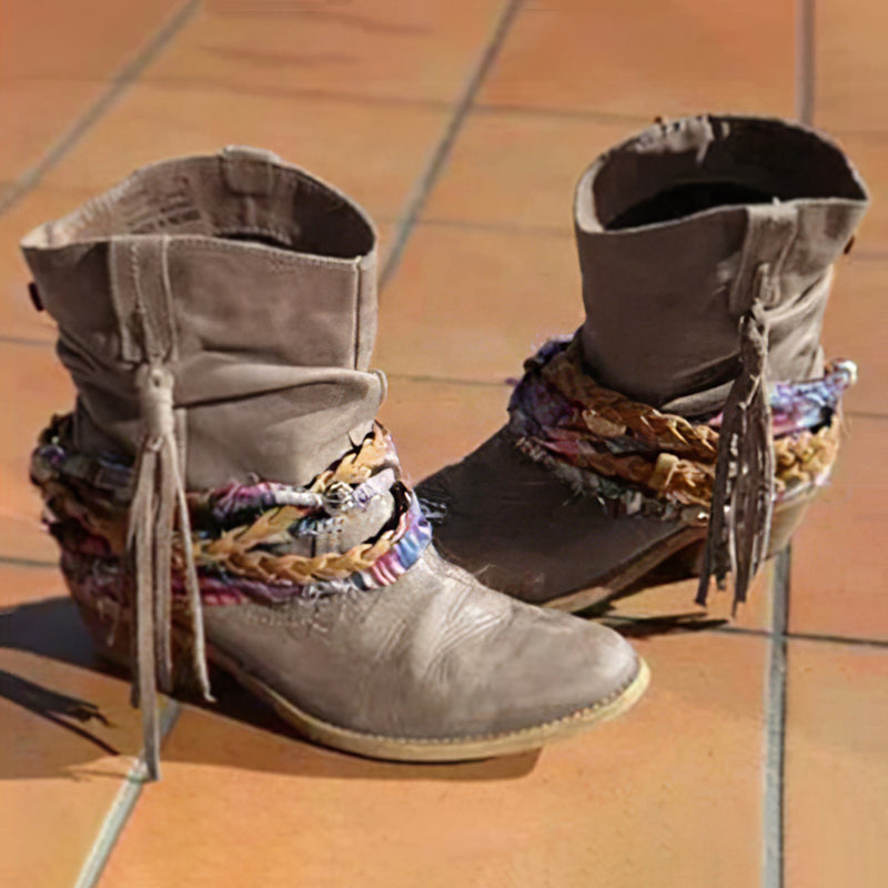 Botas vintage occidentales tribales con borlas y tobilleras