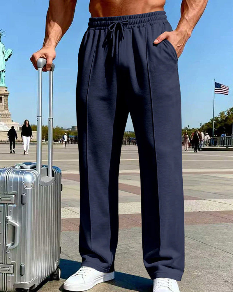 Pantalón cómodo para hombre con cintura elástica, cordón y pierna recta