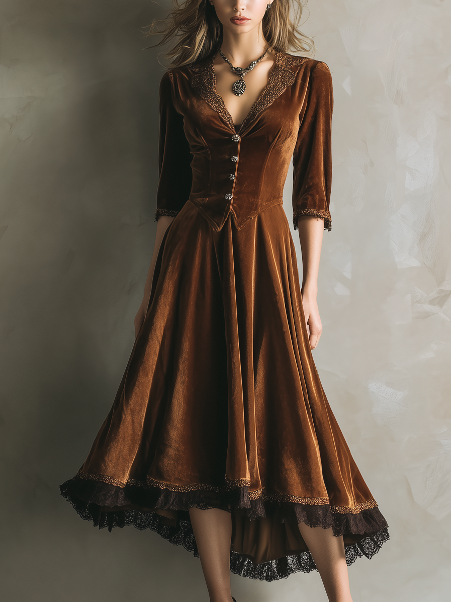 Vestido midi vintage de terciopelo con encaje y mangas tres cuartos