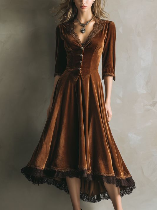 Vestido midi vintage de terciopelo con encaje y mangas tres cuartos