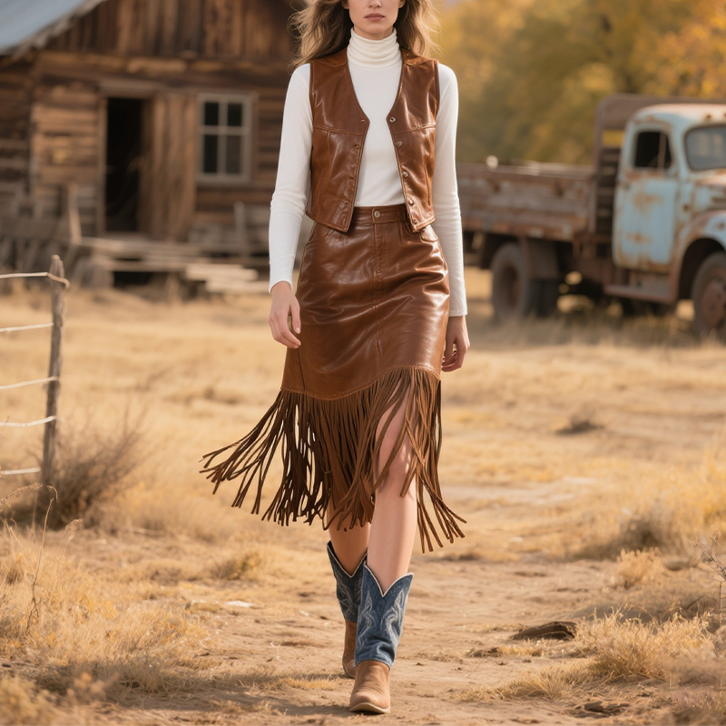 Falda de cuero con flecos bohemia campestre para mujer