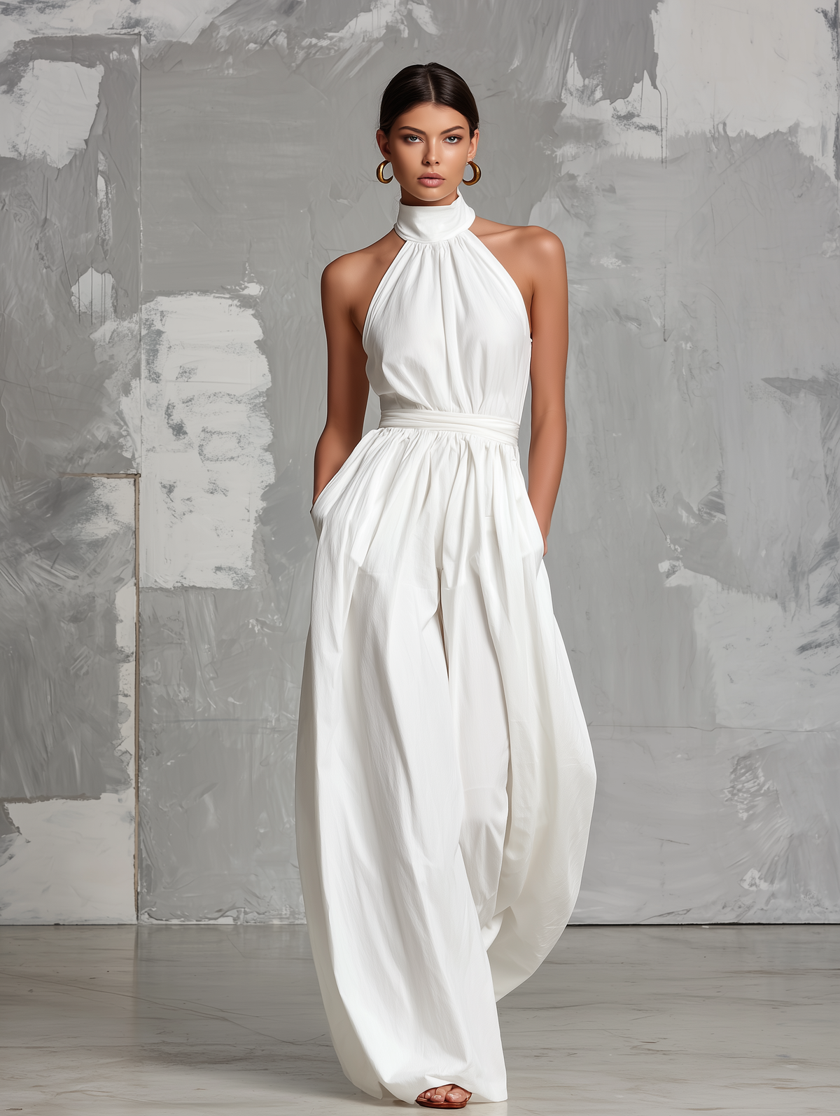 Elegante mono blanco tejido sin mangas con cuello halter