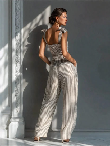 Mono de lino mezcla beige con rayas, hombros con lazo y pierna ancha