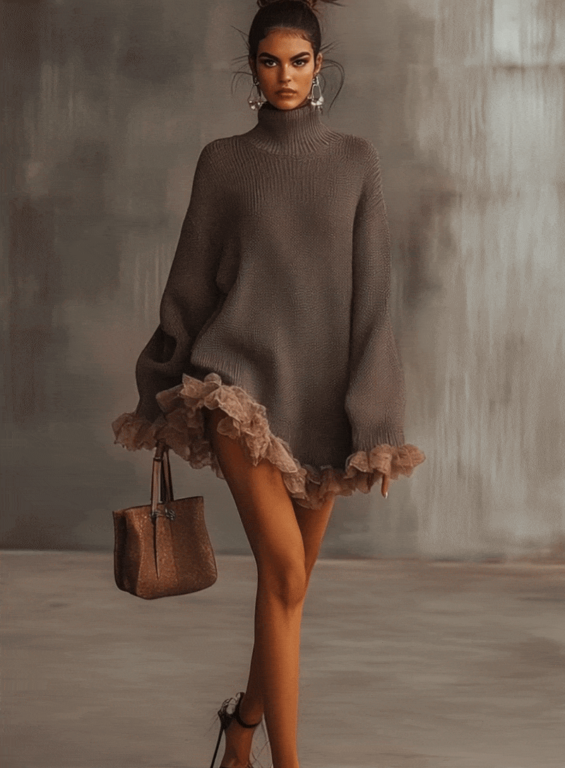 Vestido suéter marrón con cuello alto y dobladillo con volantes