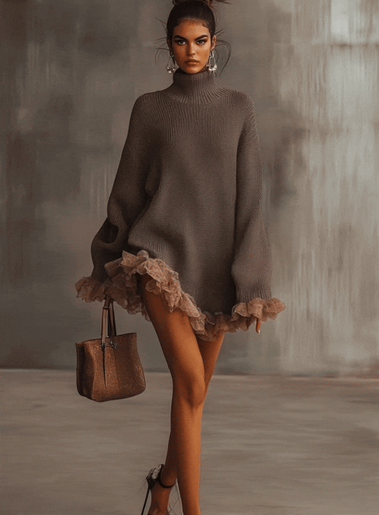 Vestido suéter marrón con cuello alto y dobladillo con volantes