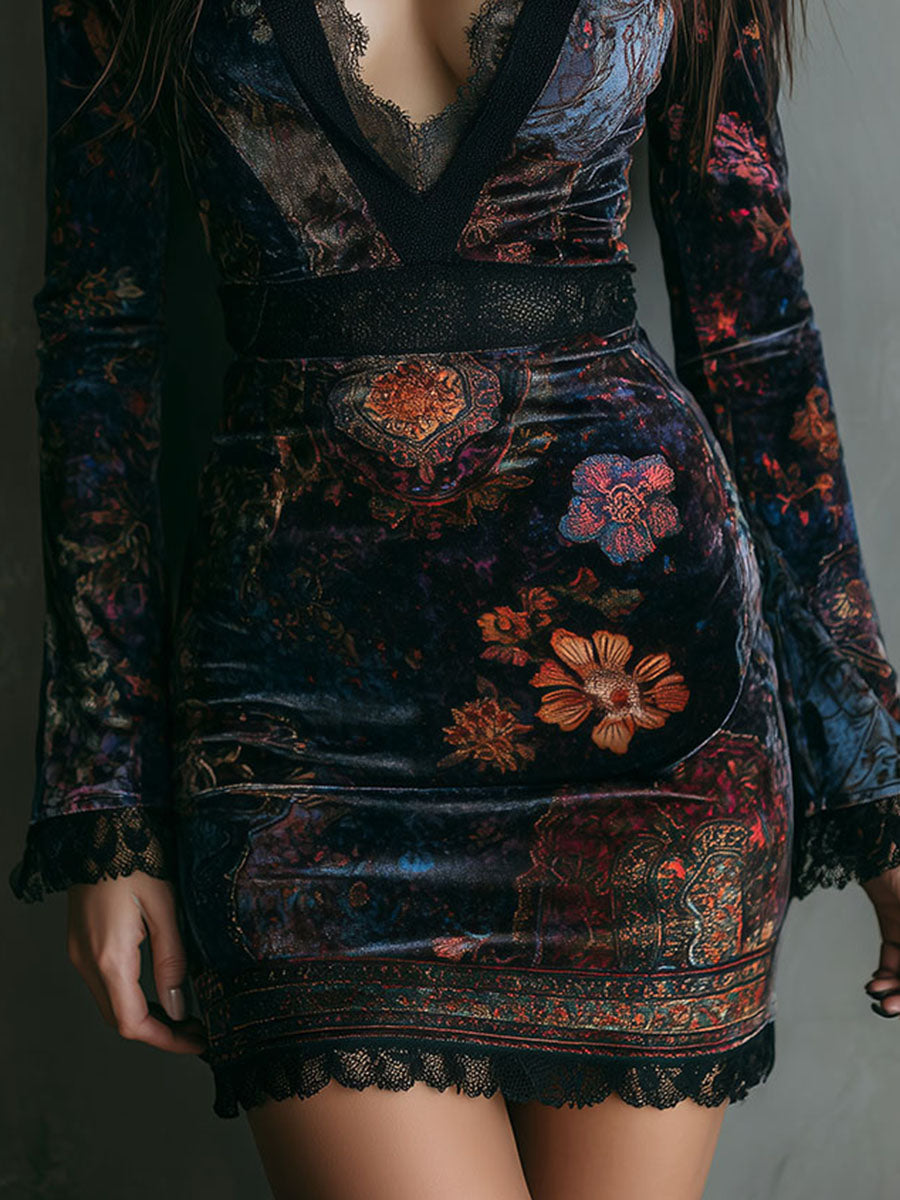 Vestido mini bodycon de terciopelo con escote en V y estampado floral bohemio con ribete de encaje