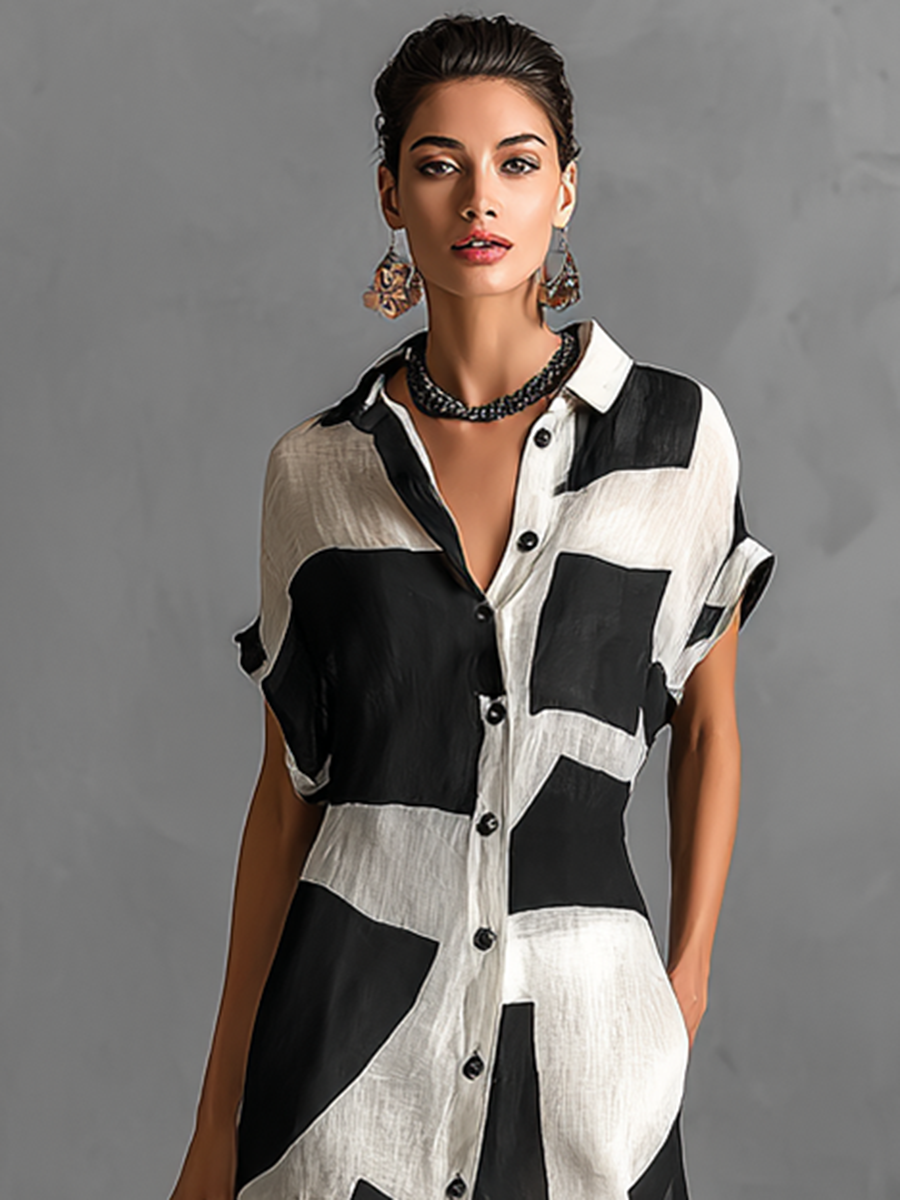 Vestido camisero largo de manga corta con estampado geométrico de algodón y lino