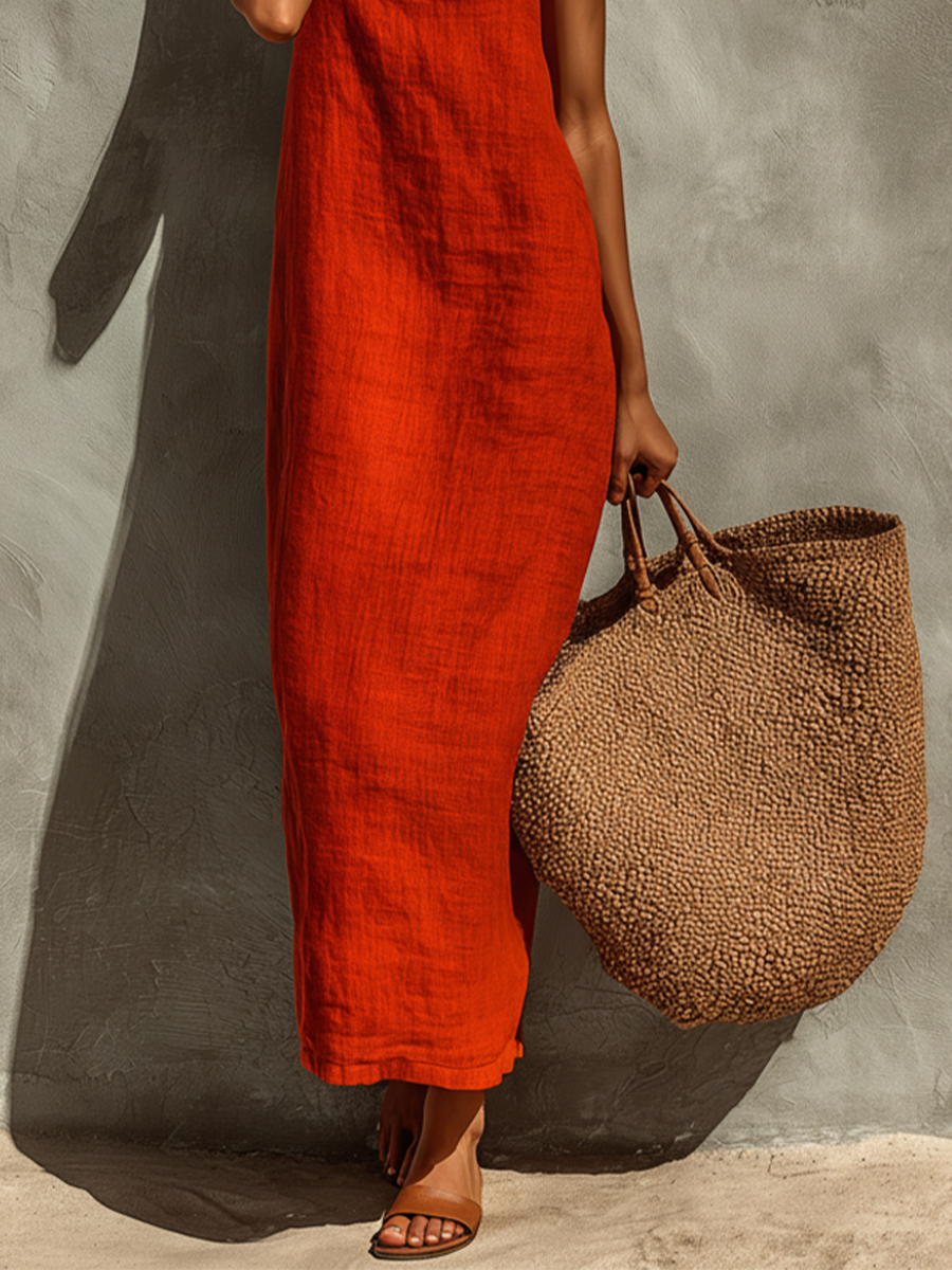 Vestido rojo de algodón con escote cuadrado y tirantes finos
