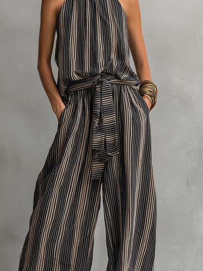 Conjunto de blusa sin mangas tejida con estampado a rayas y cuello redondo combinada con pantalones