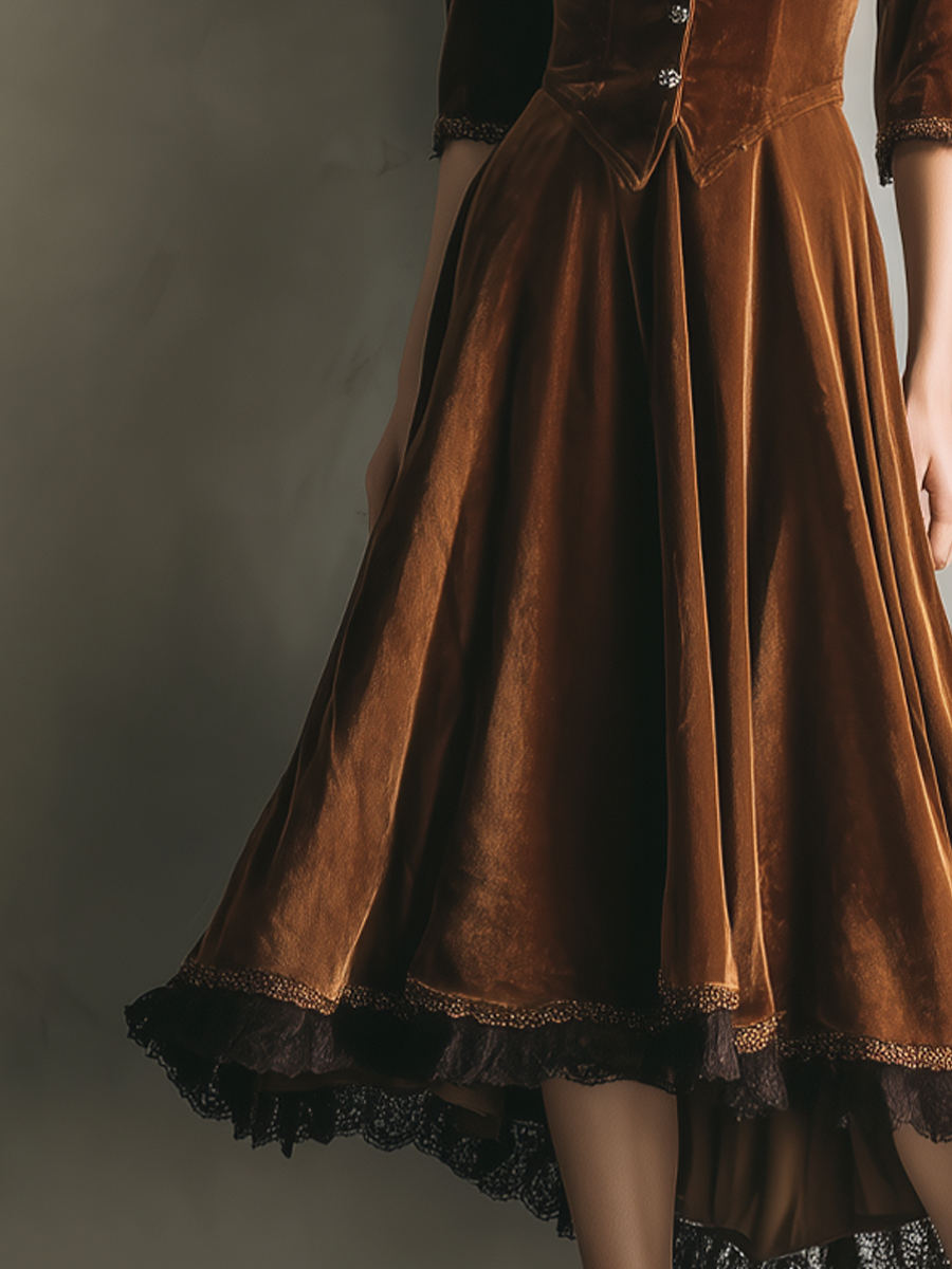 Vestido midi vintage de terciopelo con encaje y mangas tres cuartos