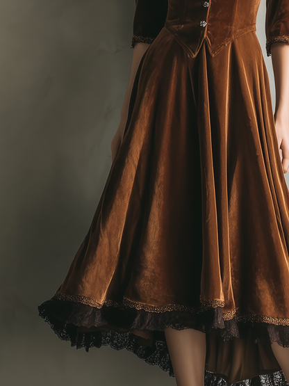 Vestido midi vintage de terciopelo con encaje y mangas tres cuartos