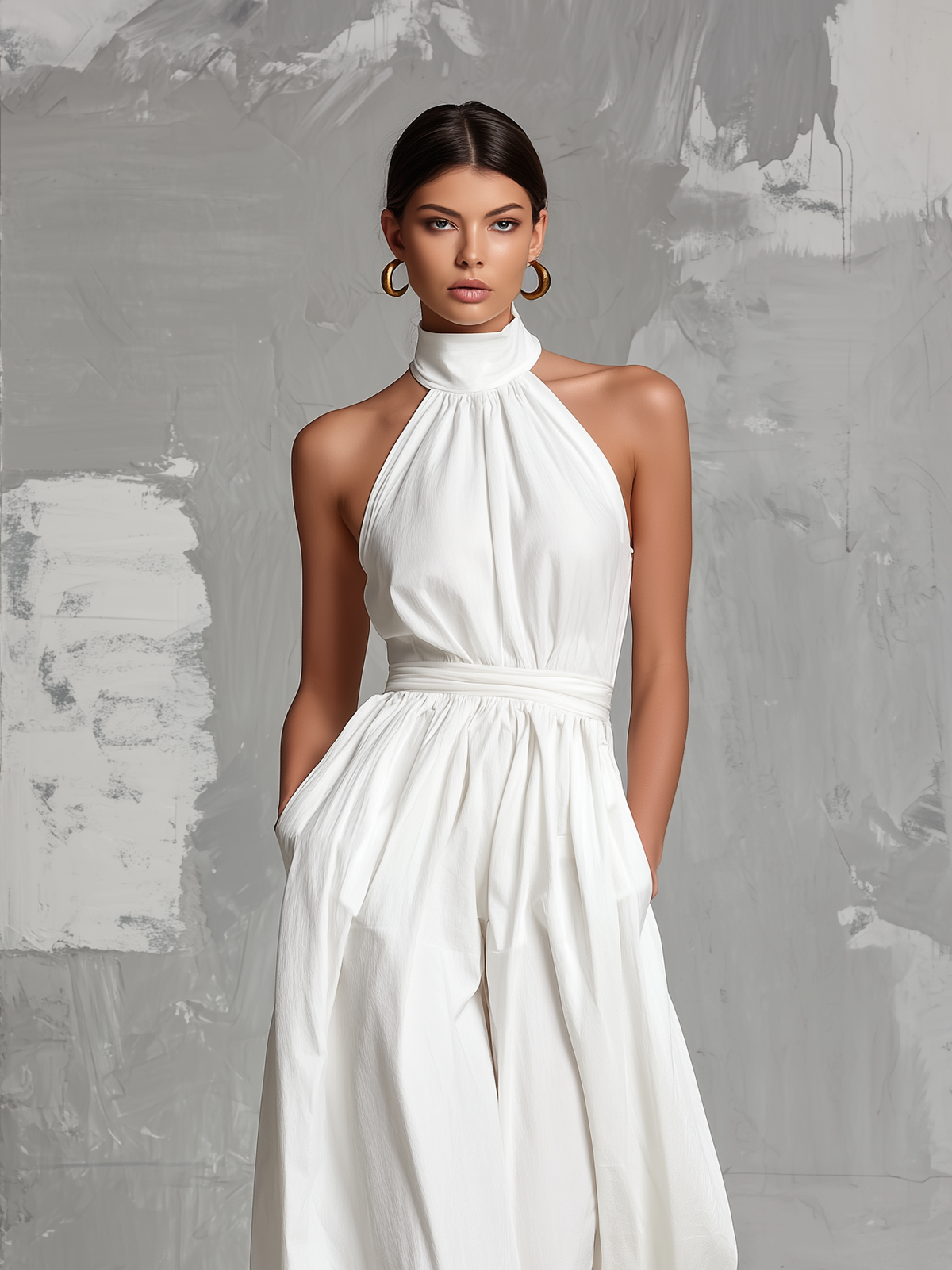 Elegante mono blanco tejido sin mangas con cuello halter