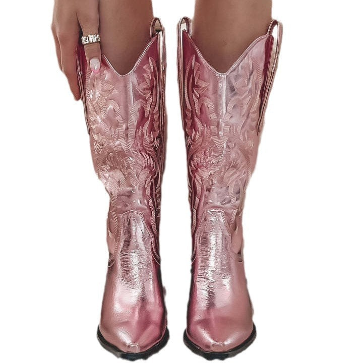 Botas occidentales con punta puntiaguda bordada y tacón grueso