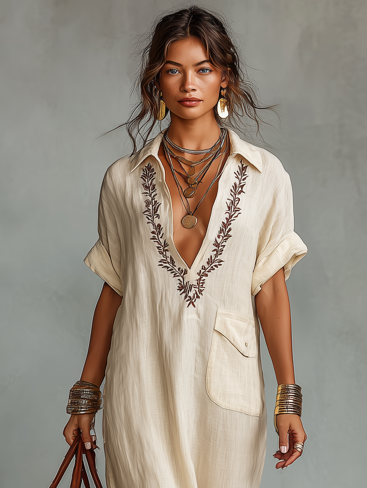 Vestido largo minimalista de lino mezclado con bordado y mangas cortas