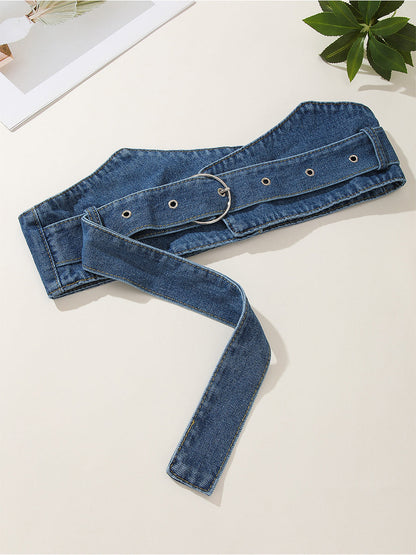 Cinturón ancho de cintura con hebilla y anillo de mezclilla casual para mujer