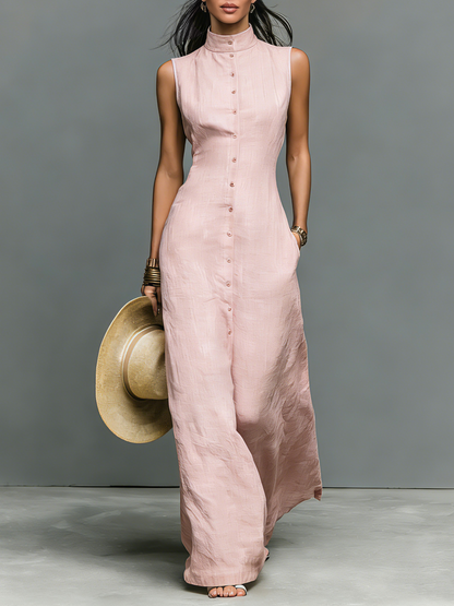 Vestido largo de lino con cuello mao