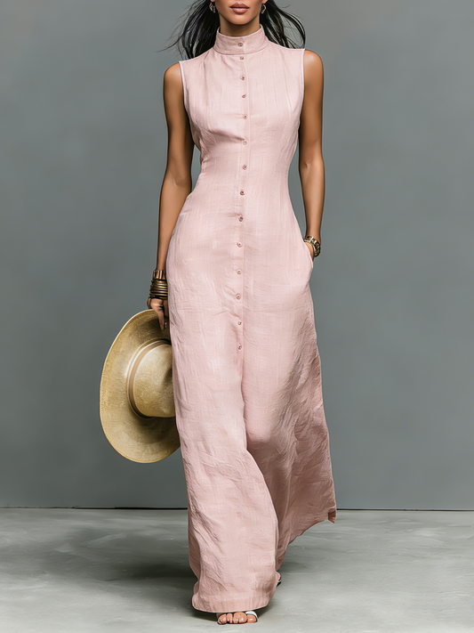 Vestido largo de lino con cuello mao