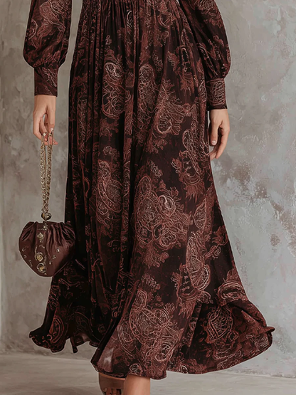 Vestido largo con cremallera en la cintura y estampado marrón de cachemira