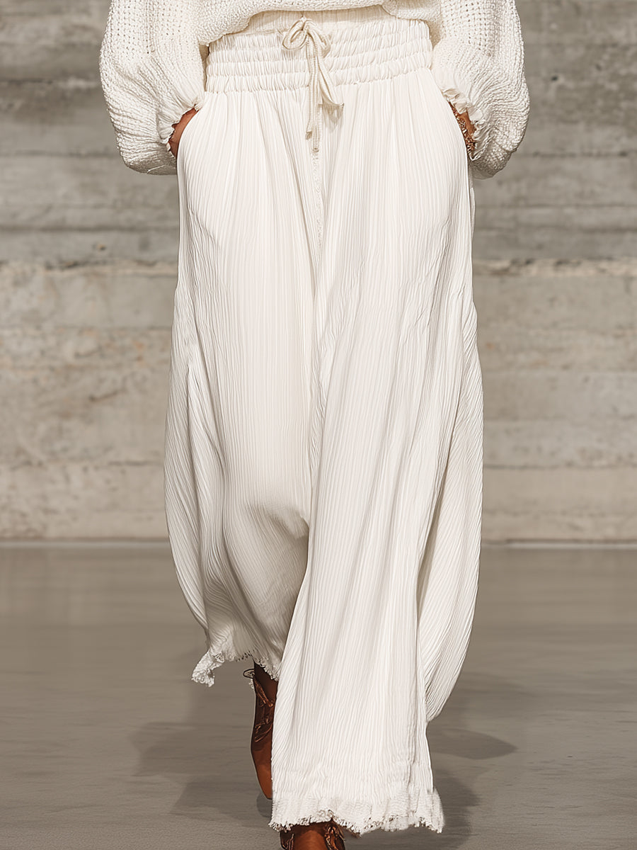Pantalones anchos de cintura elástica blanca casual retro