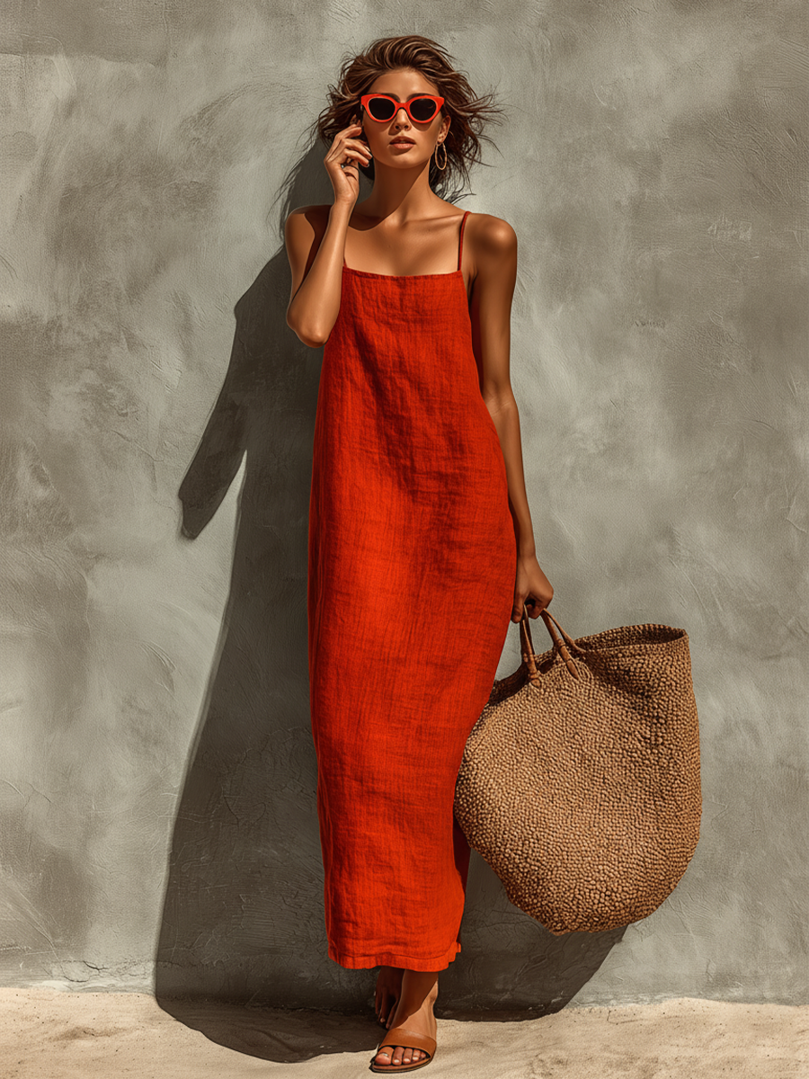 Vestido rojo de algodón con escote cuadrado y tirantes finos