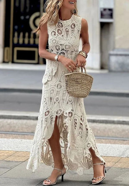 Elegante conjunto de falda de encaje calado de crochet