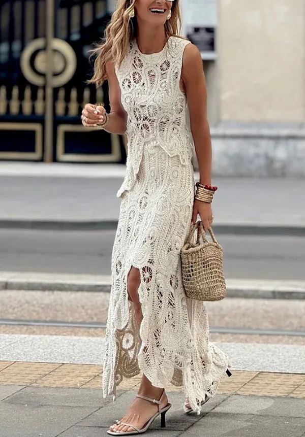 Elegante conjunto de falda de encaje calado de crochet