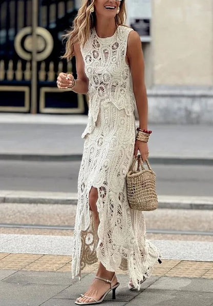 Elegante conjunto de falda de encaje calado de crochet