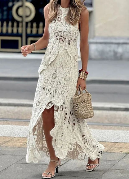 Elegante conjunto de falda de encaje calado de crochet