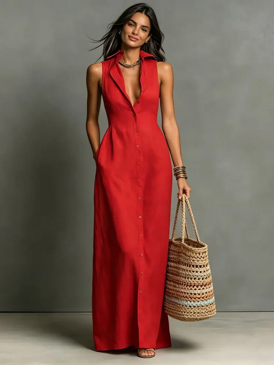 Vestido camisero de lino con botones delanteros