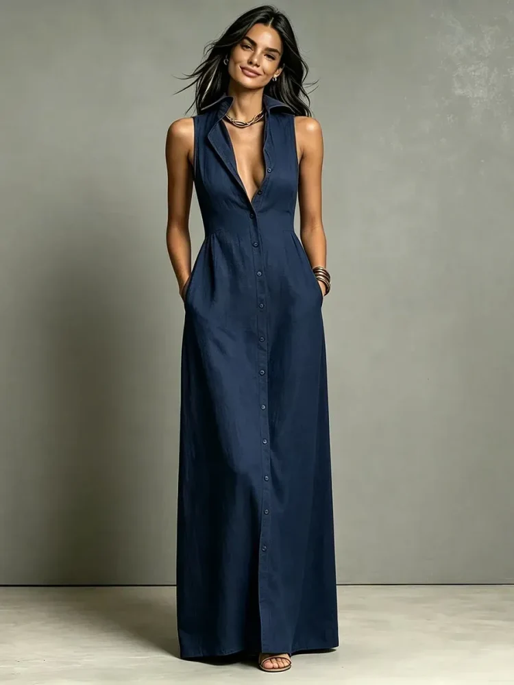 Vestido camisero de lino con botones delanteros