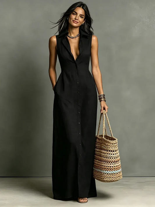 Vestido camisero de lino con botones delanteros