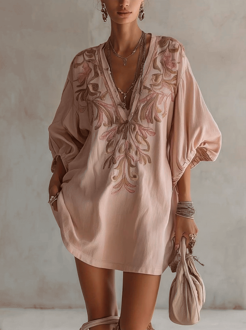 Vestido corto de lino bordado