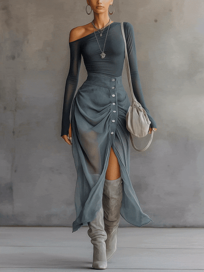Conjunto asimétrico gris transparente con recortes