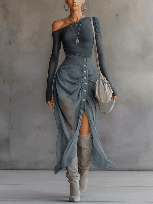 Conjunto asimétrico gris transparente con recortes