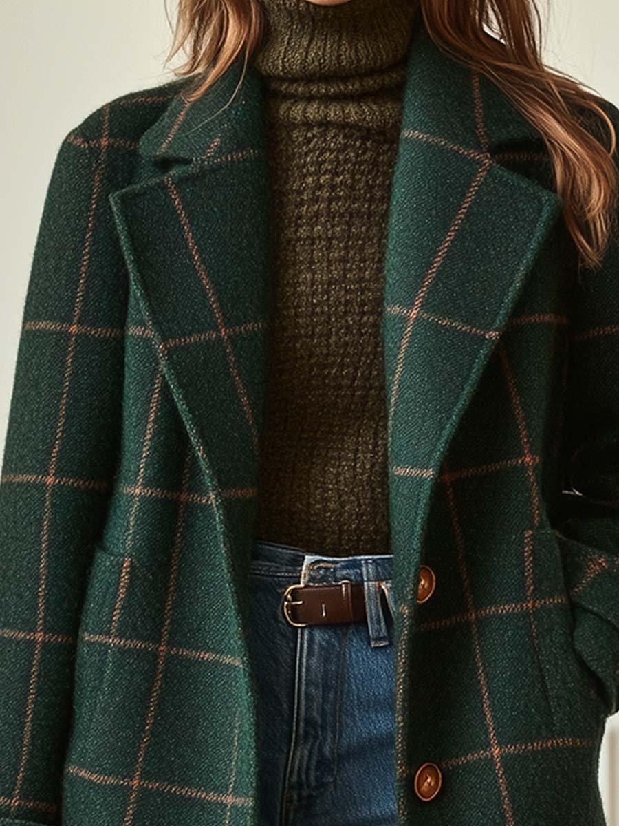 Abrigo de tweed a cuadros retro para mujer con solapa