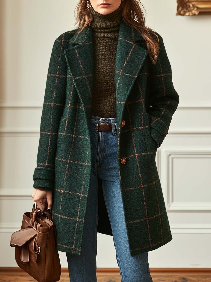 Abrigo de tweed a cuadros retro para mujer con solapa