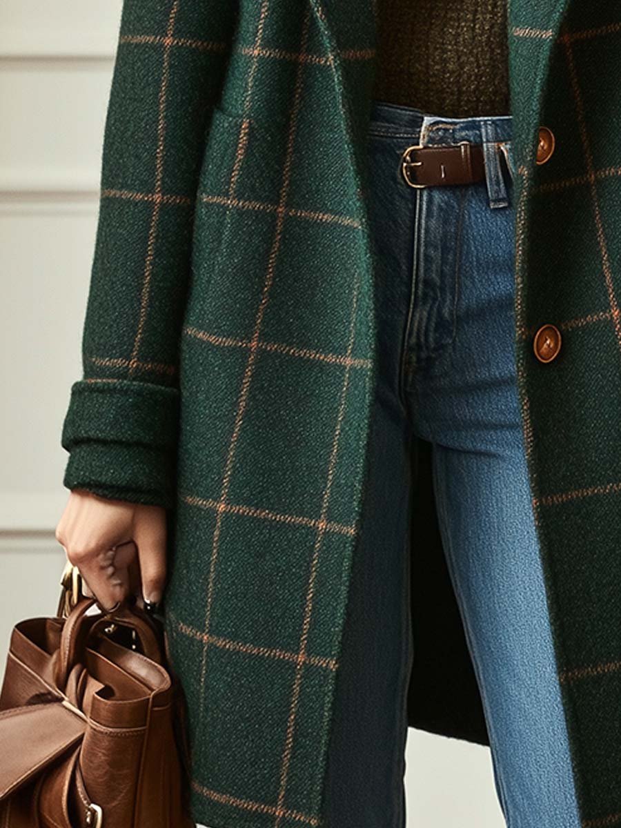 Abrigo de tweed a cuadros retro para mujer con solapa