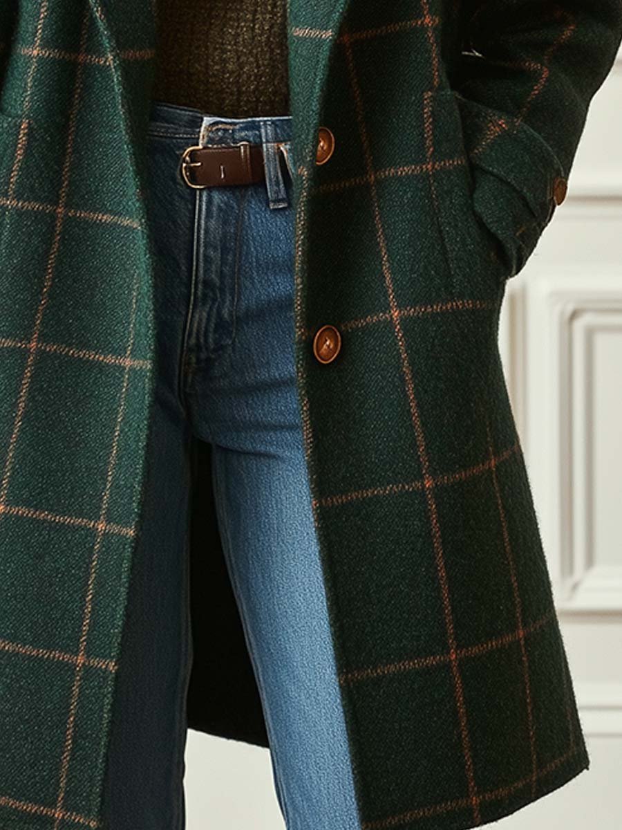 Abrigo de tweed a cuadros retro para mujer con solapa