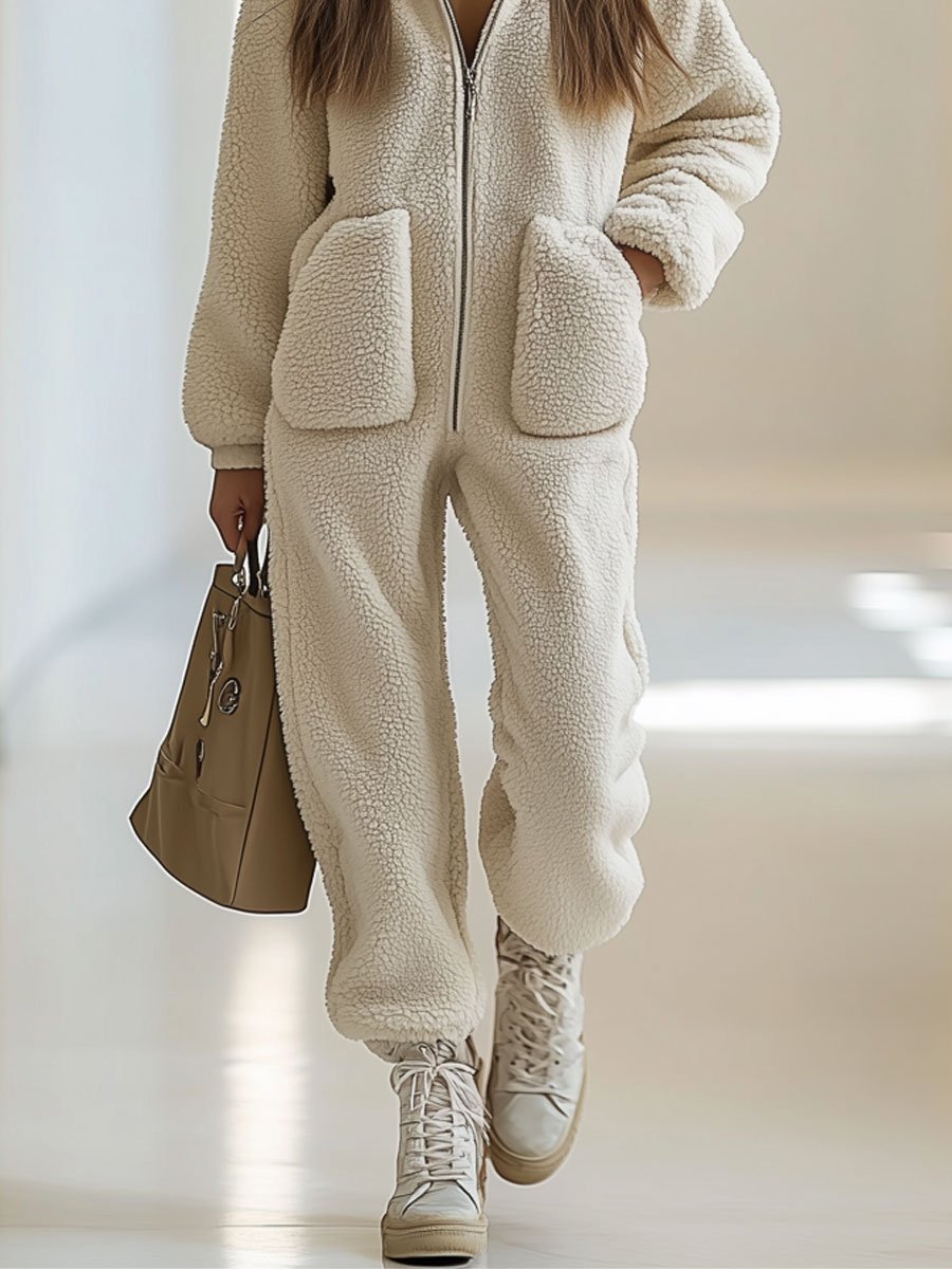 Mono casual holgado vintage de forro polar con bolsillo y cremallera con capucha