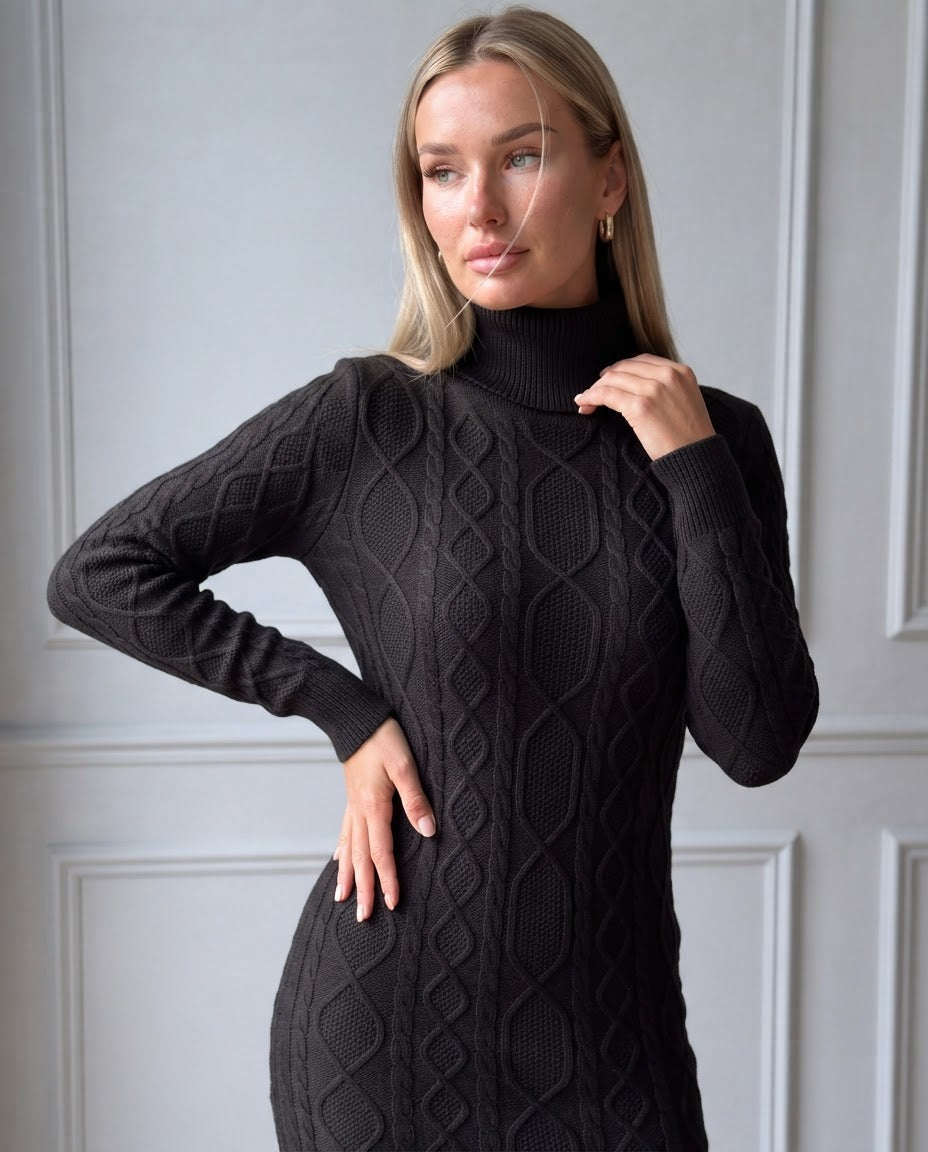Vestido corto de punto trenzado con cuello alto