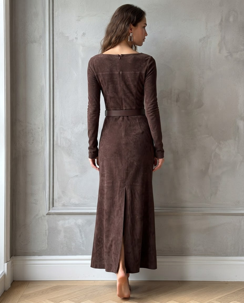 Vestido Largo Efecto Gamuza con Escote Cuadrado y Cinturón - Marrón