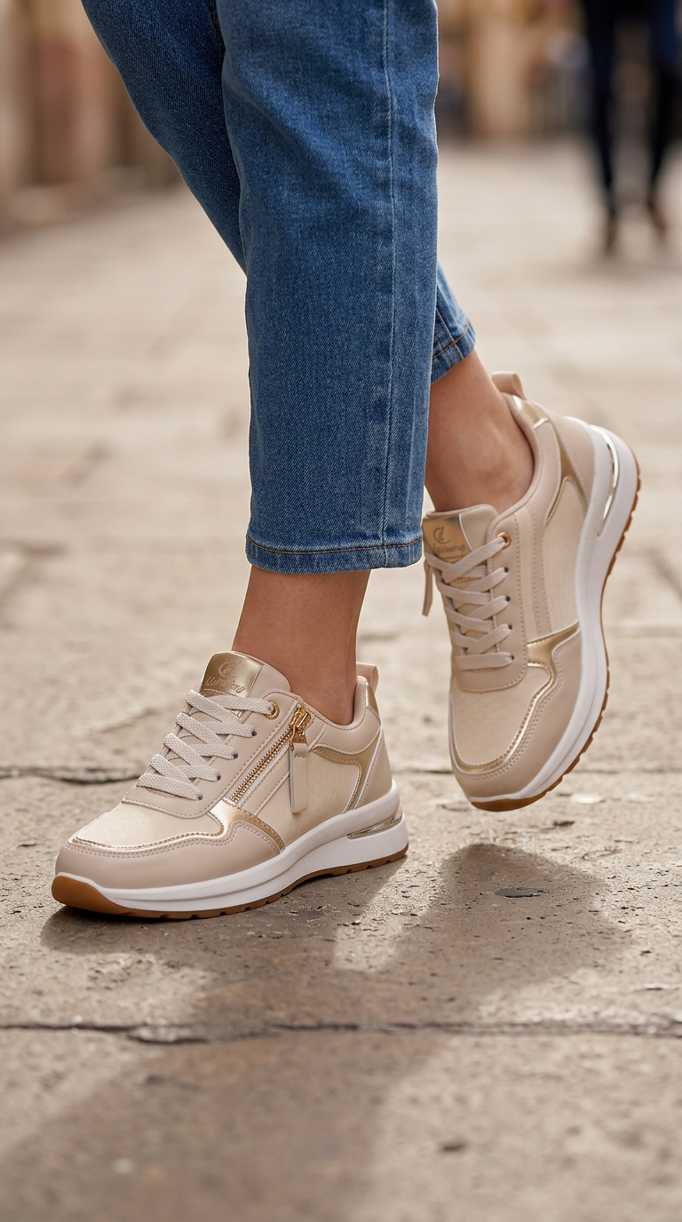 Zapatillas cómodas con cremallera y detalles metalizados